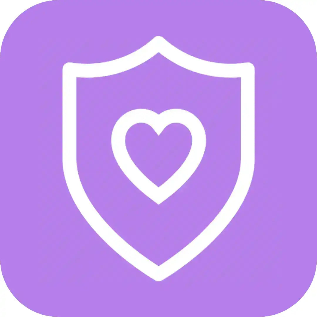 White shield icon with heart on purple background for Exclusive Kitten Reservation Deposit