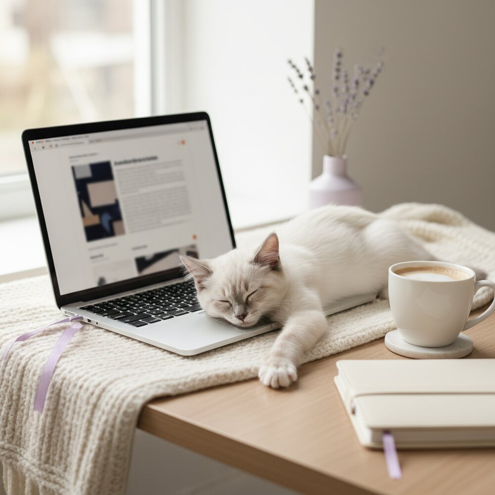Publisher partnership illustration with kitten and article cards