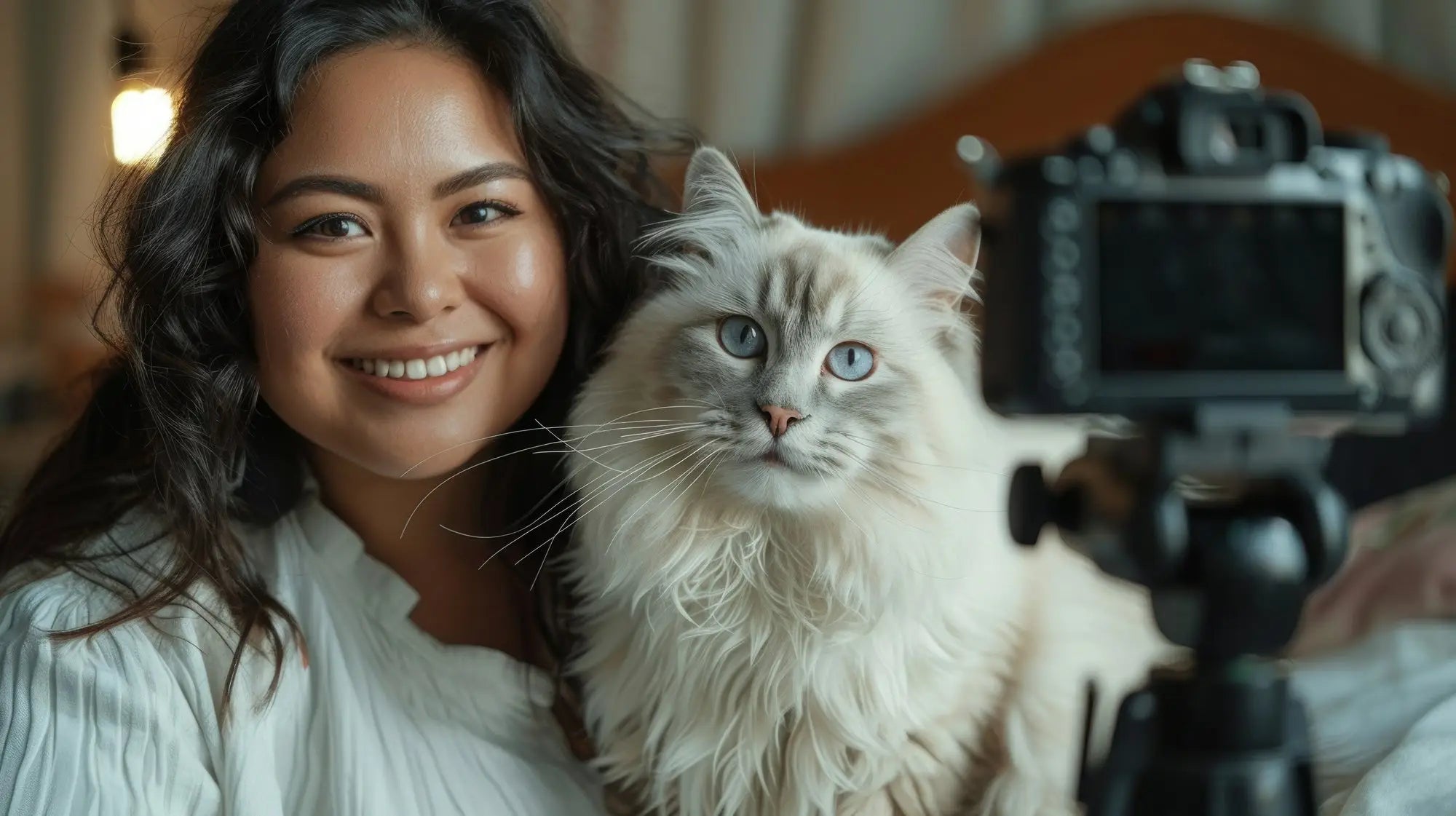 Fluffy white cat with blue eyes held by a smiling woman, showcasing a Maine Coon Kitten bond.