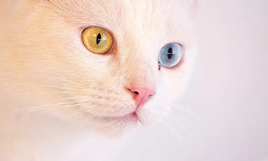 White Turkish Angora Cat with one blue and one yellow eye showcasing heterochromia.