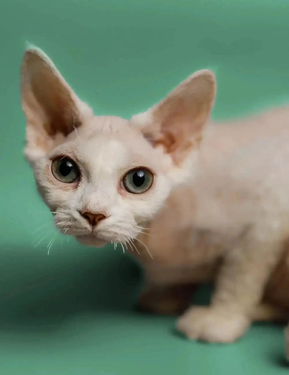 White Devon Rex cat with big ears and bright green eyes, showcasing its unique charm.