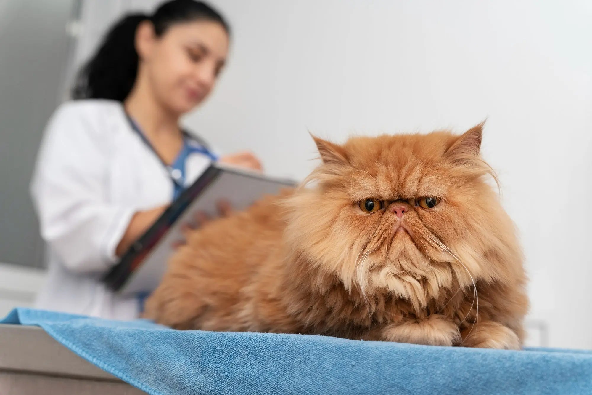 Fluffy orange Persian cat on a blue towel at a vet, highlighting health certifications.