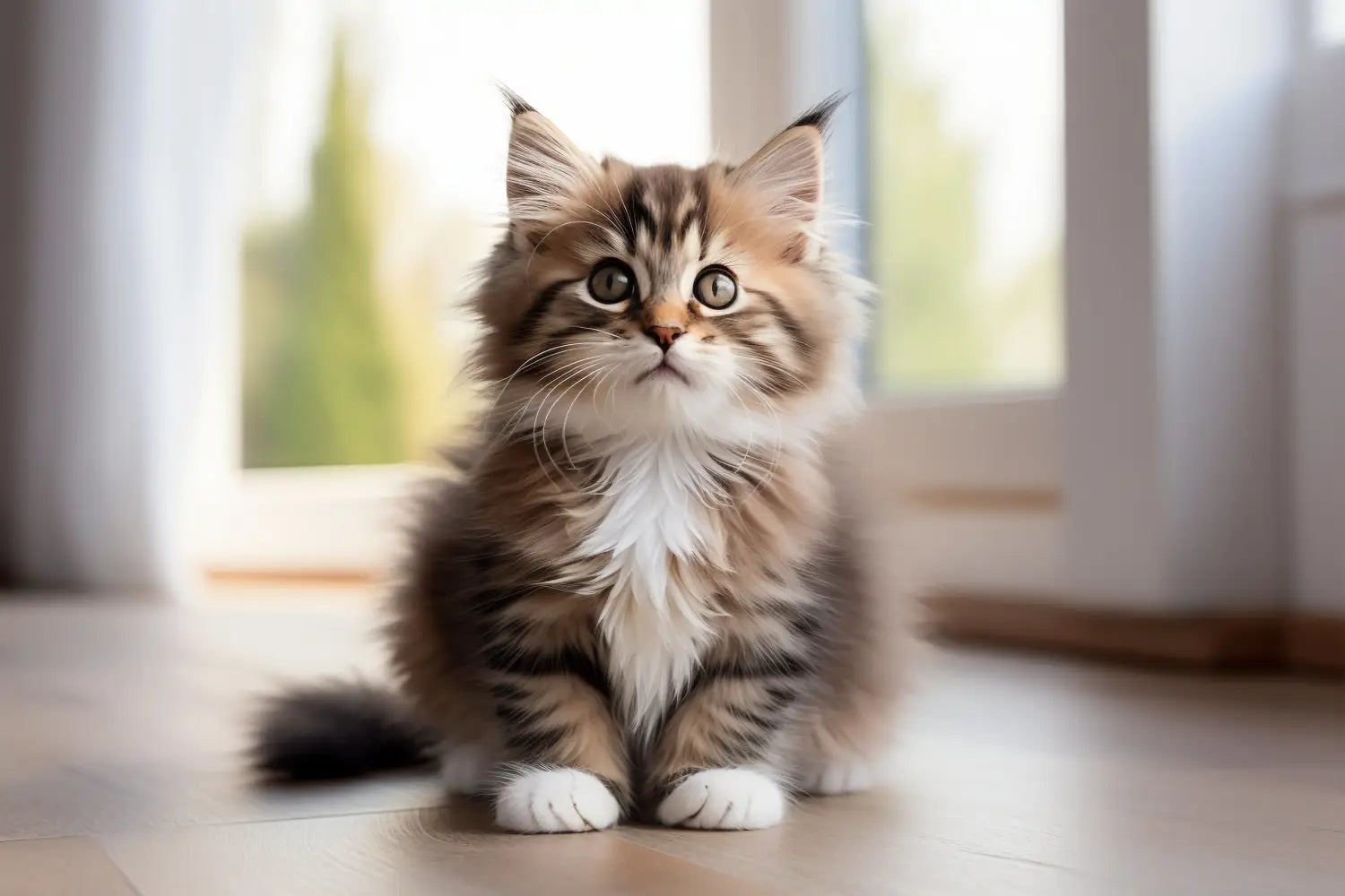 Fluffy tabby kitten with wide eyes and white chest, a cute future Ragamuffin Cat.