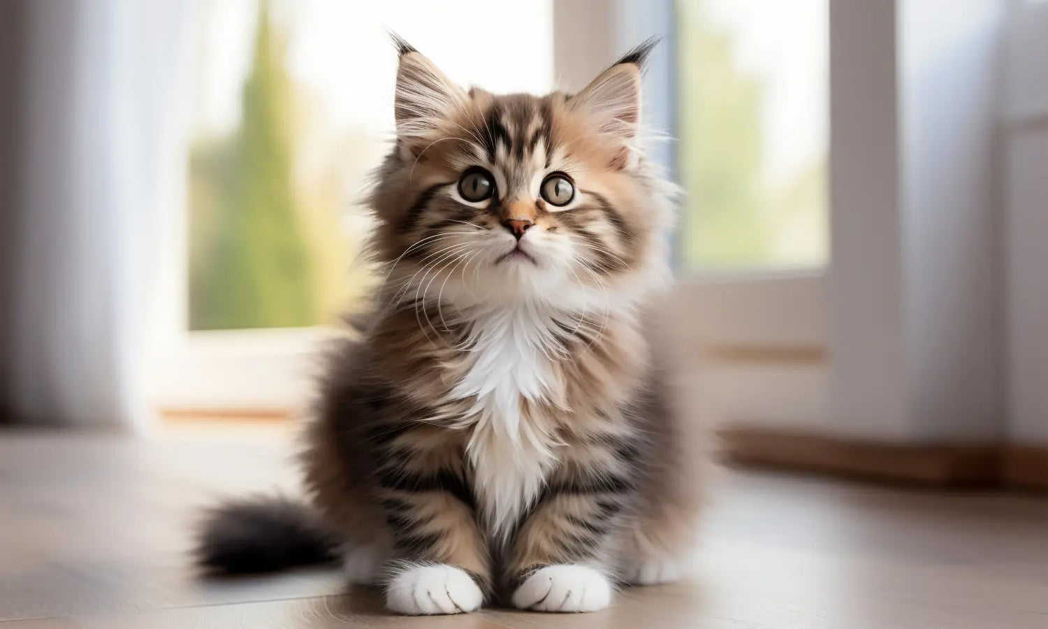 Fluffy tabby kitten with wide eyes and white chest, a cute future Ragamuffin Cat.