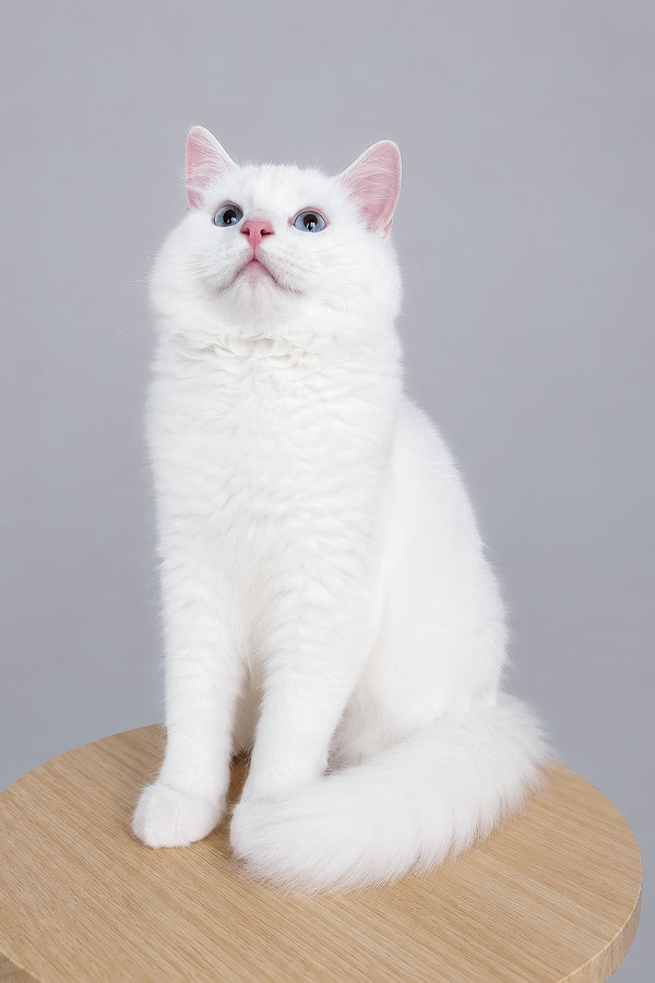 A fluffy white cloud ragdoll kitten with blue eyes and pink ears sitting gracefully on a wooden stool