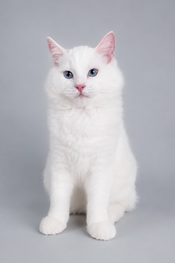 A fluffy white cloud ragdoll kitten with blue eyes and pink ears sitting against a gray background