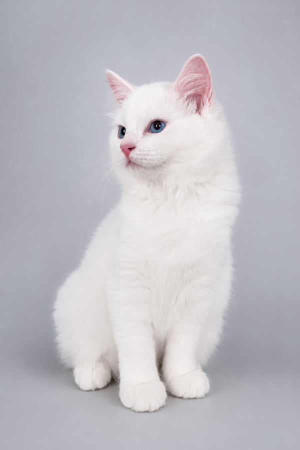 A fluffy white cloud ragdoll kitten with blue eyes and pink ears sitting against a soft gray backdrop
