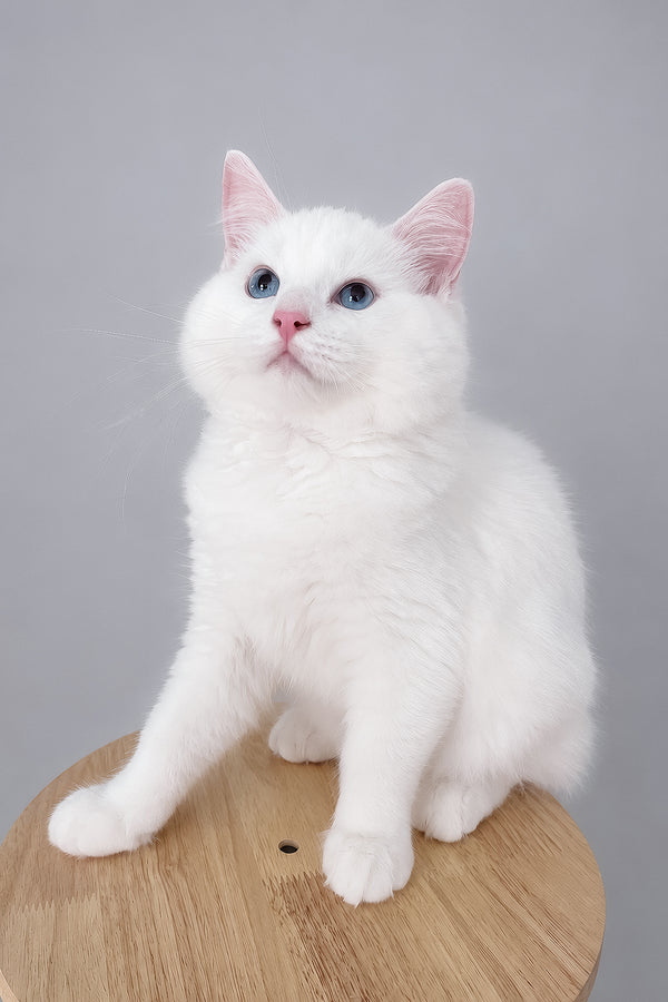 A fluffy white cloud ragdoll kitten with blue eyes and pink ears sitting gracefully on a wooden stool