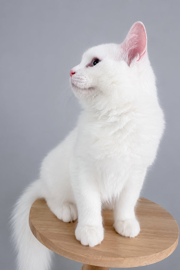 A fluffy white cloud ragdoll kitten with pink inner ears sitting gracefully on a wooden stool with long soft hair