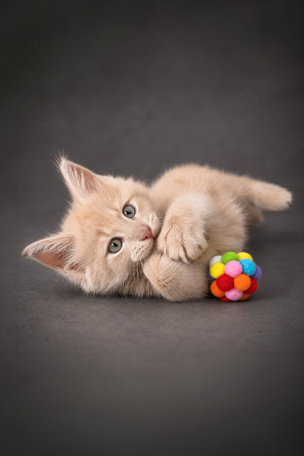 A soft light orange maine coon kitten with green eyes lies next to a colorful pom-pom ball toy perfect for purebred kitties