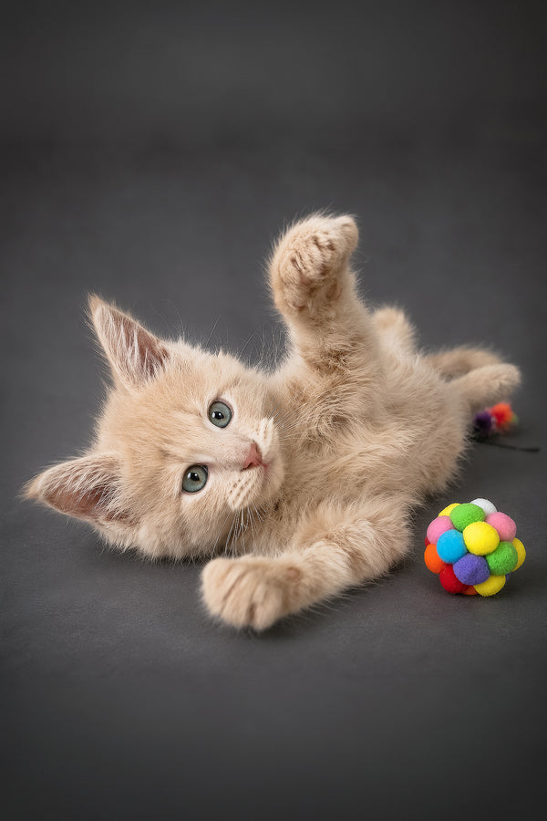 A fluffy cream-colored maine coon kitten with green eyes playfully reaching for a colorful pom-pom toy