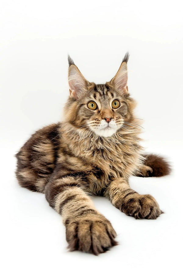 Cute Maine Coon kitten with fluffy fur and ear tufts on Boots product display