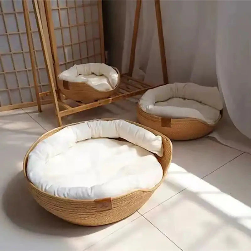 Circular wooden pet beds with plush white cushions from Cozy Bamboo Bed, eco-friendly comfort