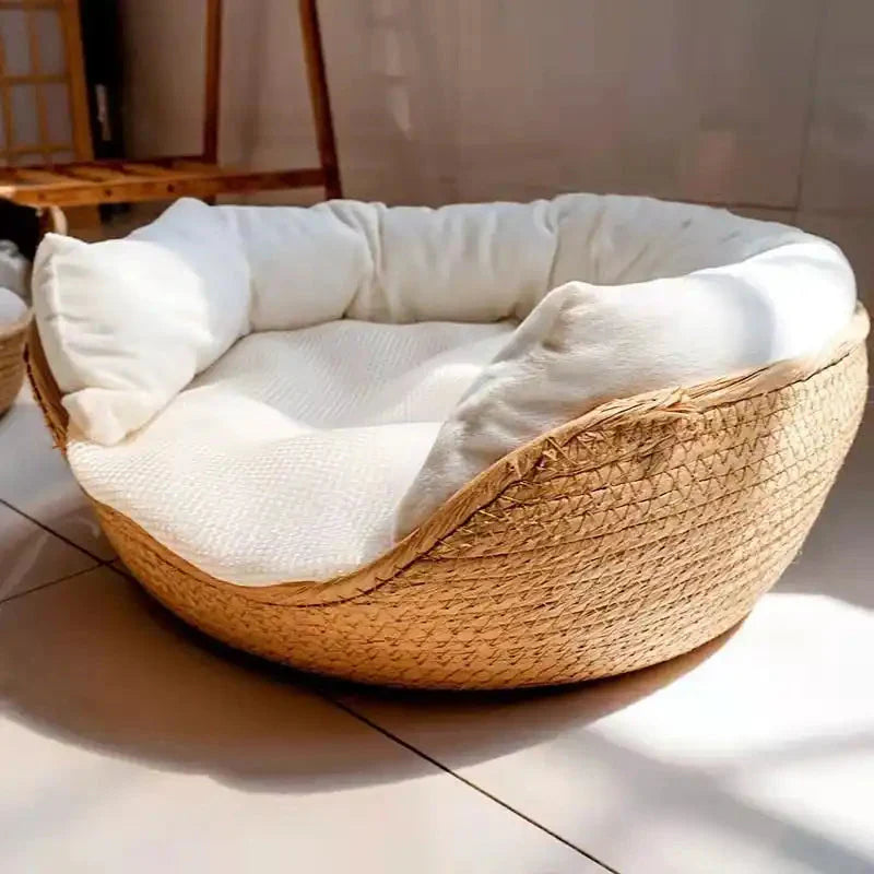 Cozy Bamboo Bed with plush white cushion, perfect for your pet’s comfort and style