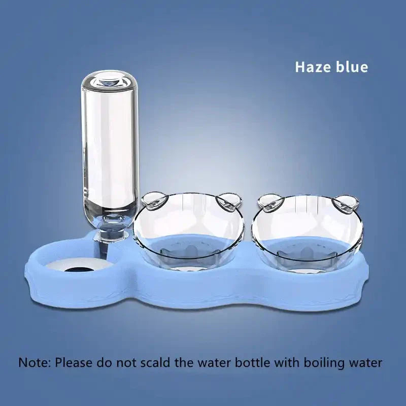 Light blue contact lens case and water bottle for a Food Bowl With Water Fountain