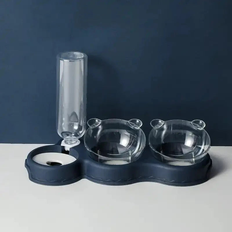 Pet feeding station with glass bowls and water fountain on a stylish dark base
