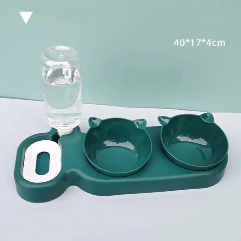 Pet feeding station featuring cat-shaped food bowls and a water fountain holder