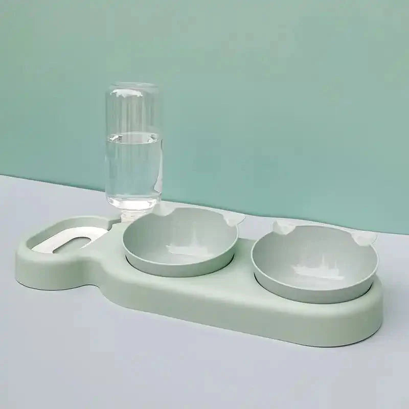 Pet feeding station with water fountain, featuring bowls on a mint green base