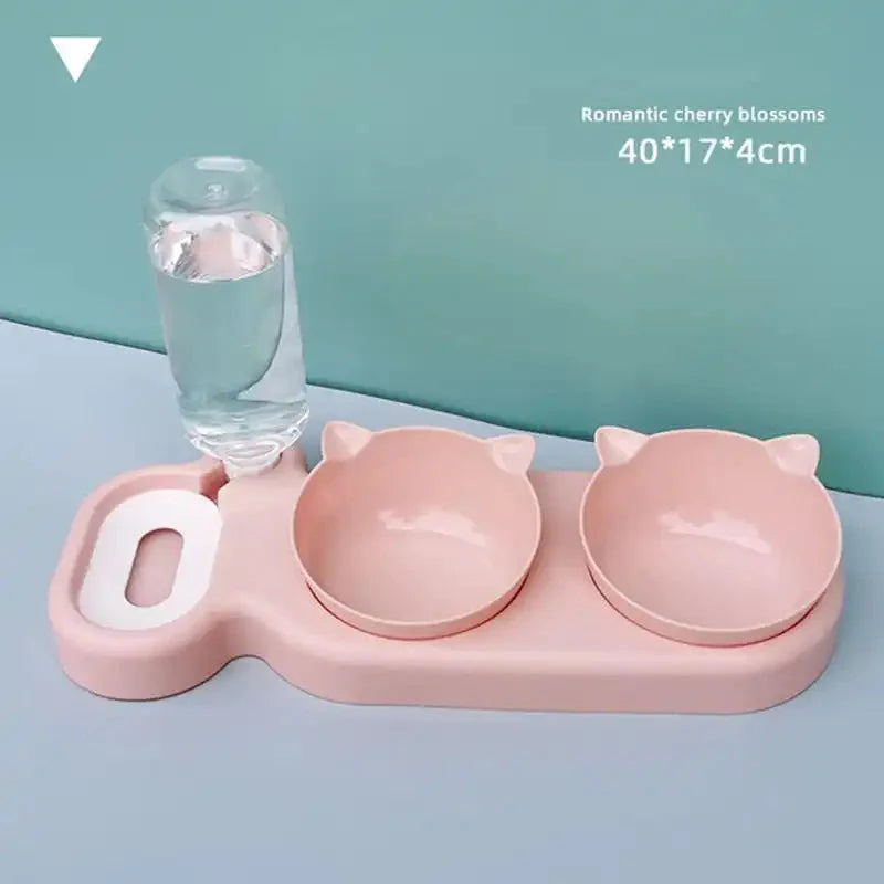 Pink ceramic food bowl with water fountain and dual compartments for pets