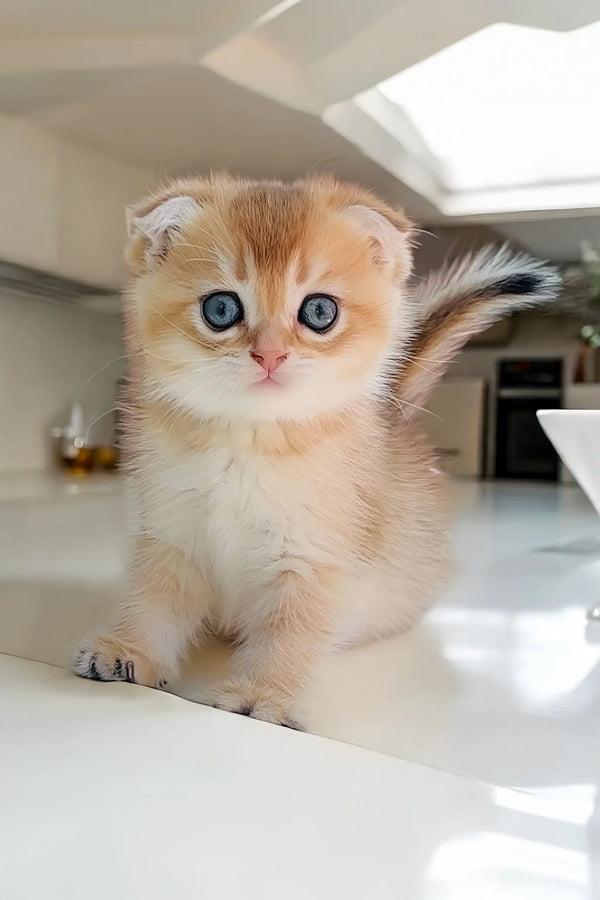 Adorable Scottish Fold kitten with big blue eyes and fluffy orange-and-white fur