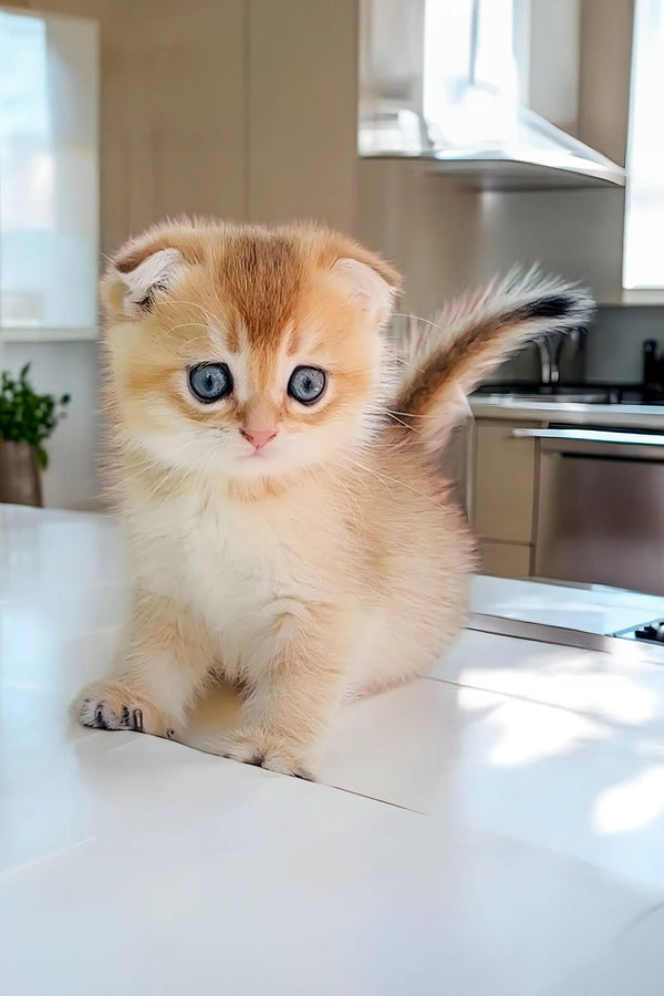 Adorable orange and white Scottish Fold kitten with big blue eyes cuddling up cutely