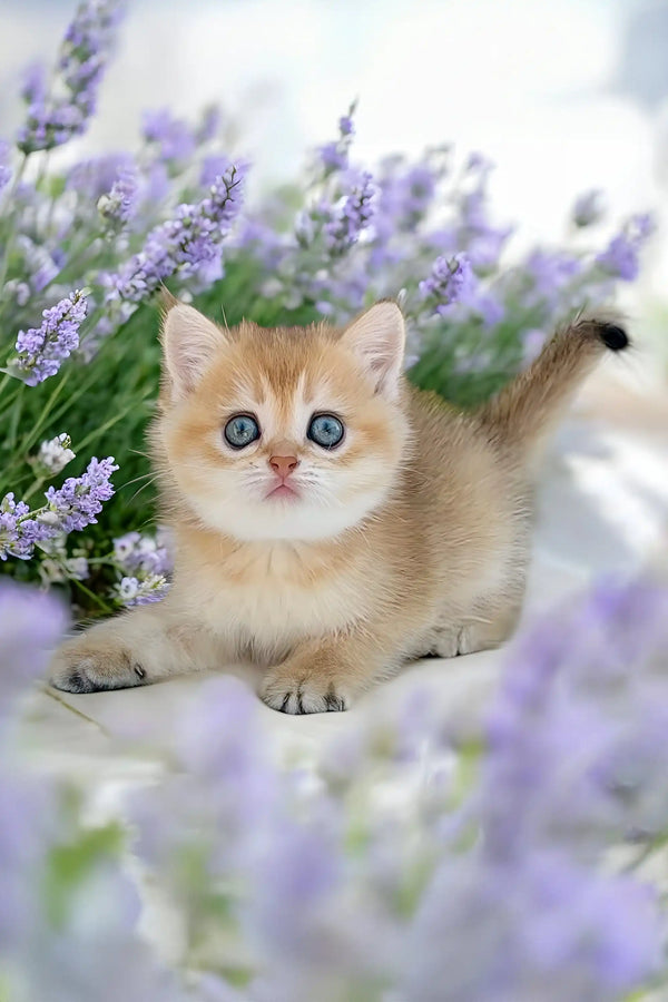 Adorable Scottish Fold kitten with blue eyes amidst lavender flowers