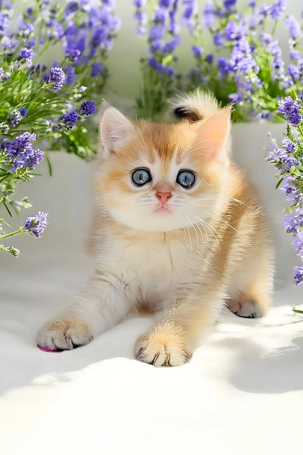 Adorable Scottish Fold kitten with big blue eyes surrounded by purple flowers