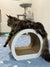 Long-haired gray Maine Coon kitten lounging on a curved white scratching post