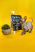 Hairless Sphynx cat next to a chalkboard sign and potted plant, perfect for excellent breed data