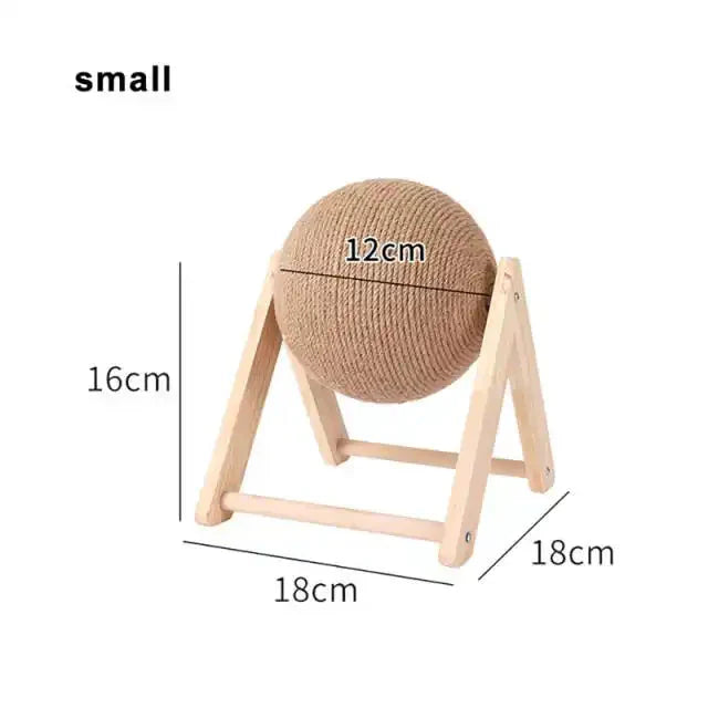 Beige knitted ball on wooden stand with measurements for the Wooden Scratching Ball
