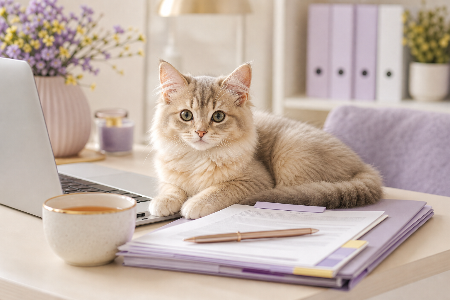 Kitten beside organized claim records